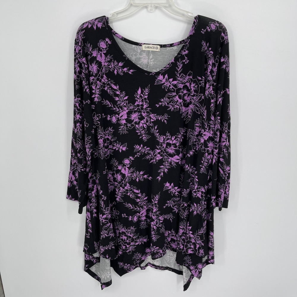 LARACE Women's Black Purple Floral Print Sharkbite Hem Stretch Tunic Top Size 4X